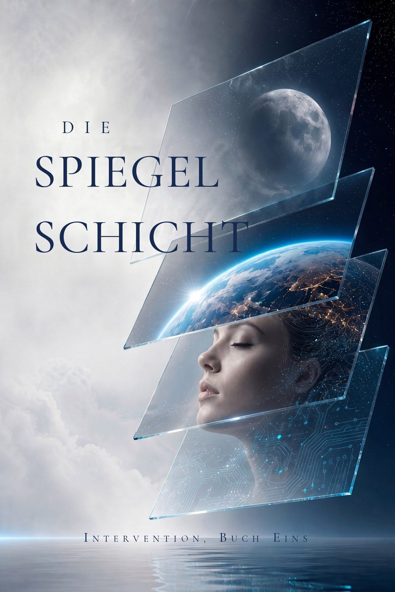 Cover von Die Spiegelschicht — gestapelte Glasscheiben mit Mond, Erde und einem schlafenden Gesicht über einem stillen Ozean