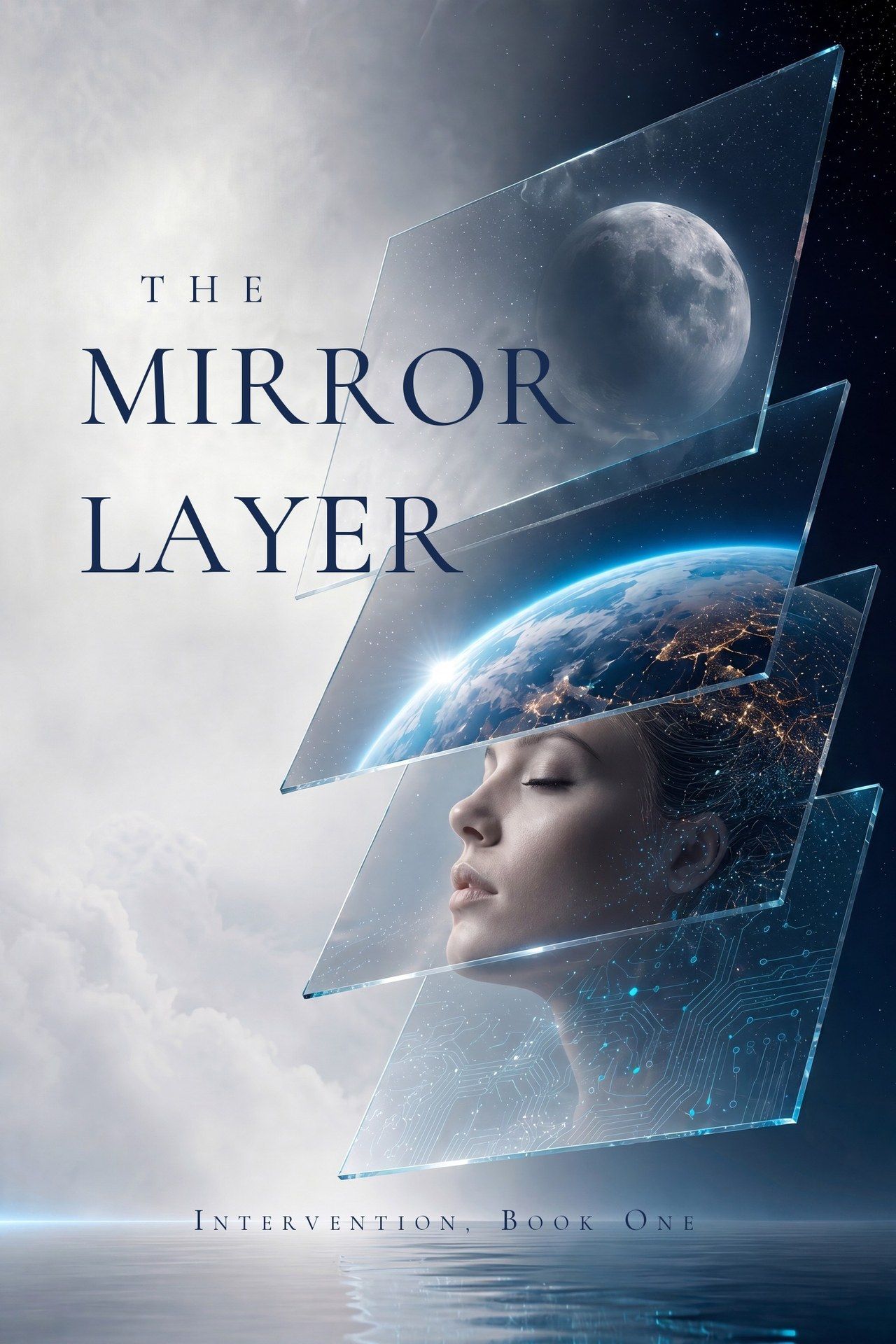 The Mirror Layer cover — stacked panes of glass holding the Moon, the Earth and a sleeping woman's circuit-veined face, above a still ocean