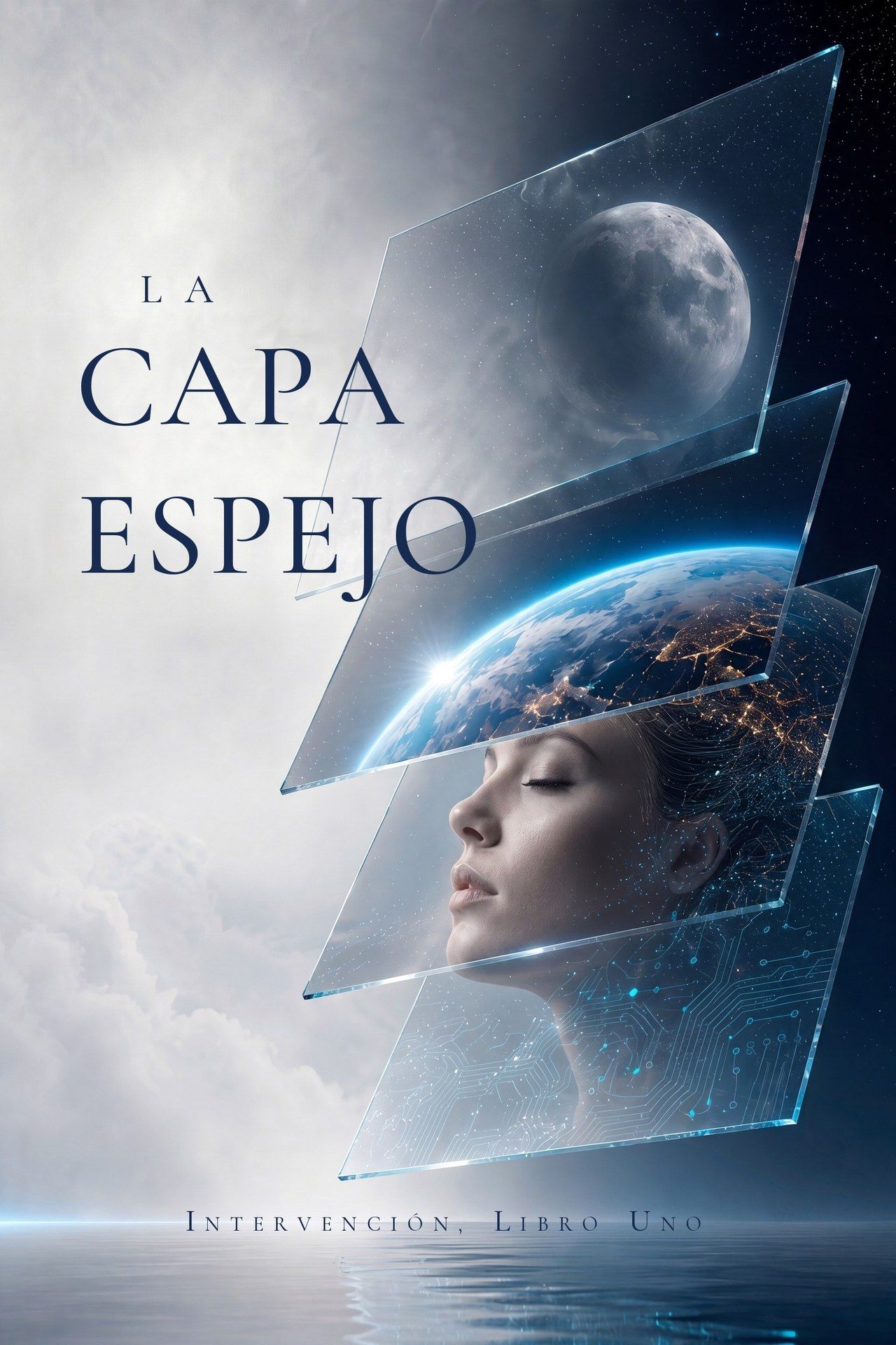 Portada de La Capa Espejo — paneles de cristal superpuestos con la Luna, la Tierra y un rostro dormido, sobre un océano inmóvil