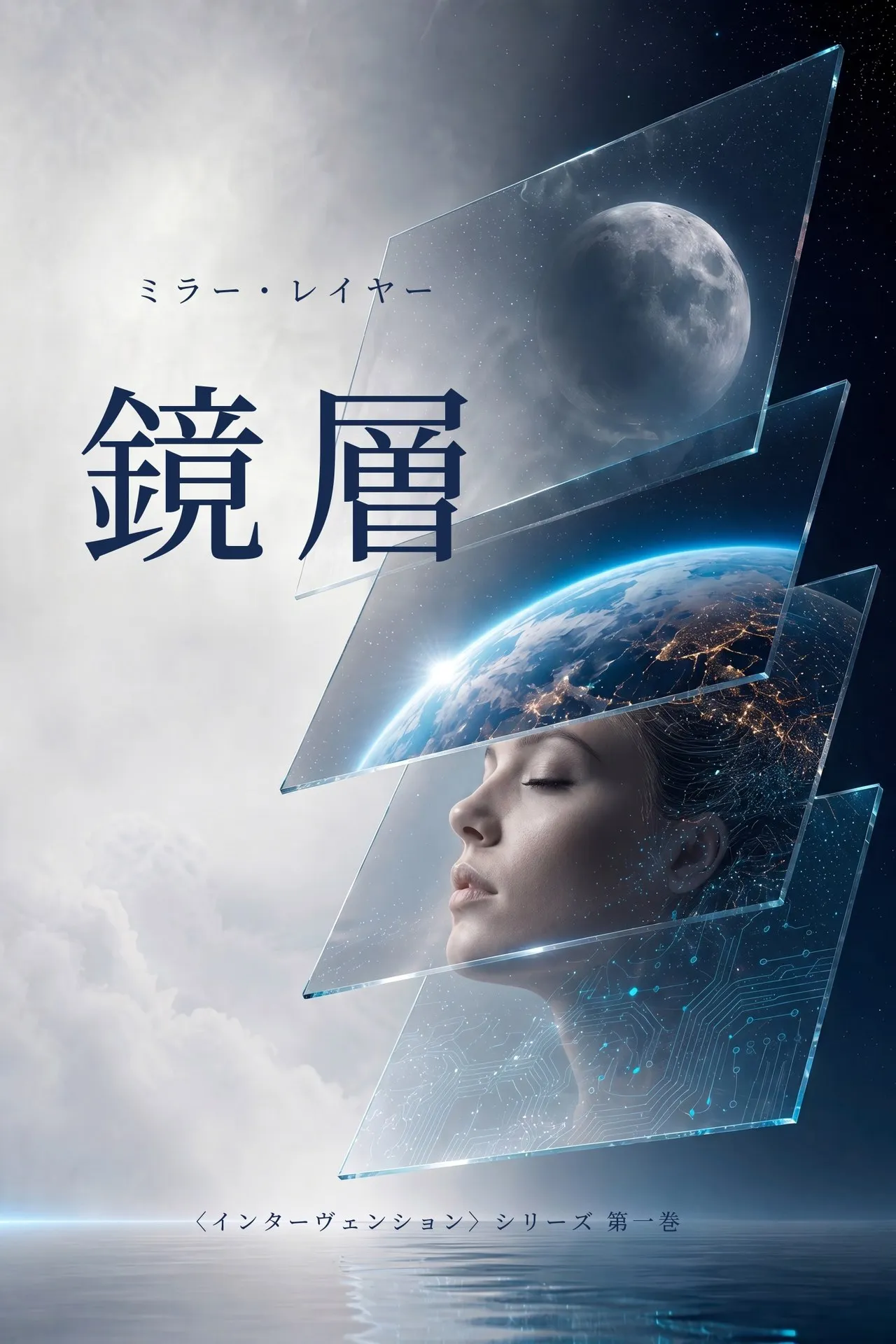 『鏡層 ―― ミラー・レイヤー』の表紙 ―― 静かな海の上に、月と地球と眠る顔を映す積層ガラスのパネル