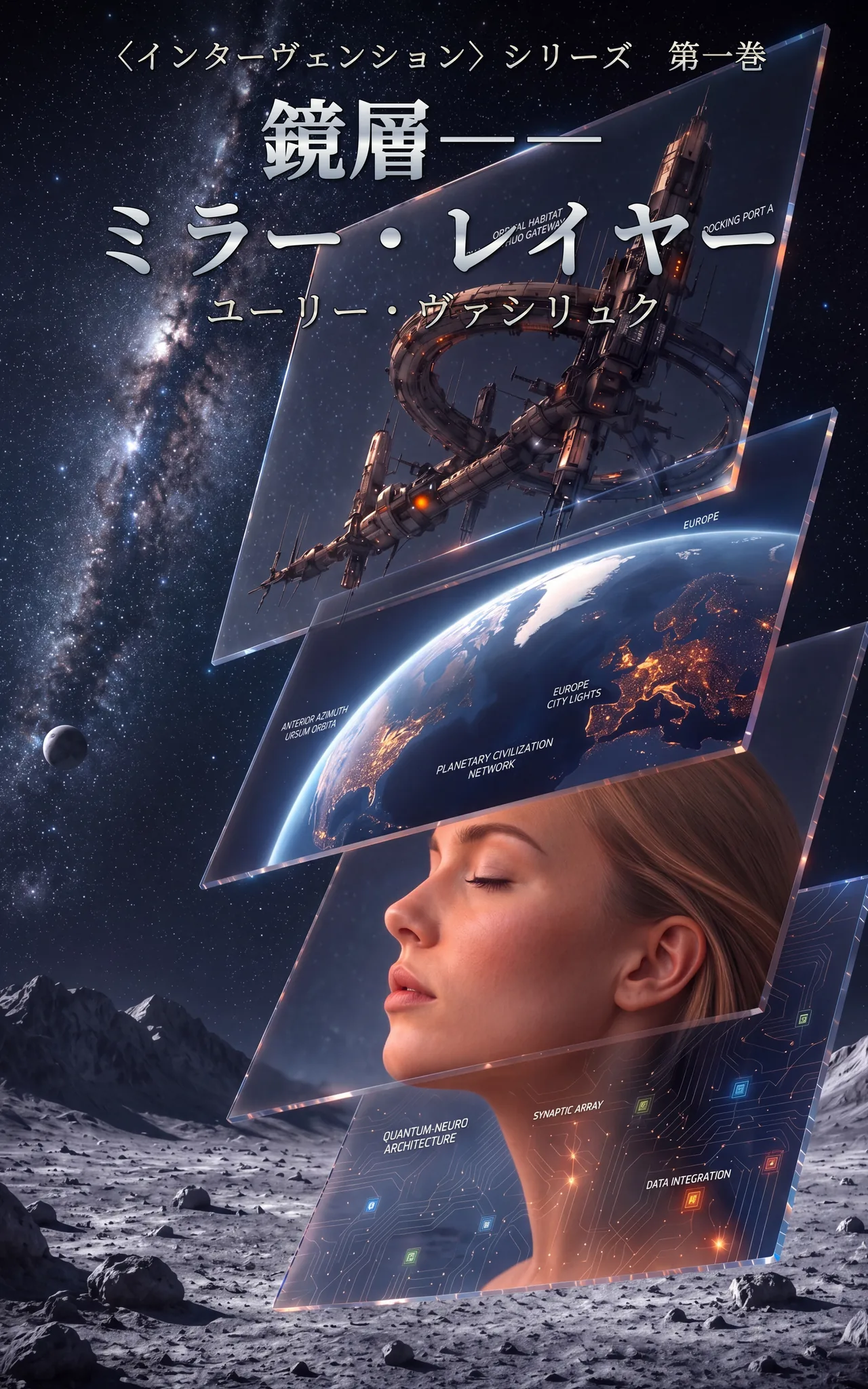 鏡層――ミラー・レイヤー book cover—a woman, Earth, the Moon, and an orbital station layered through glass in deep space.