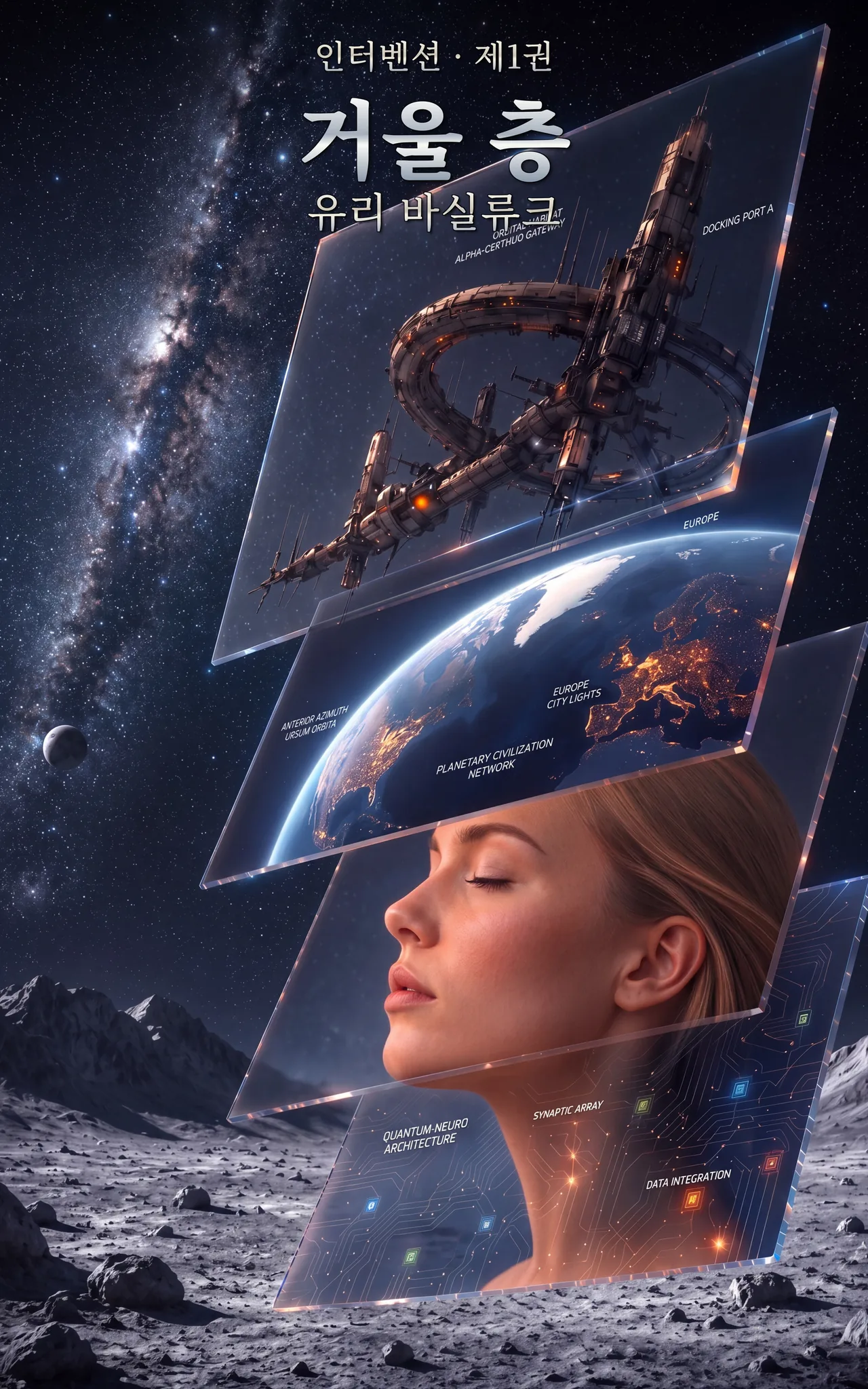 거울 층 book cover—a woman, Earth, the Moon, and an orbital station layered through glass in deep space.