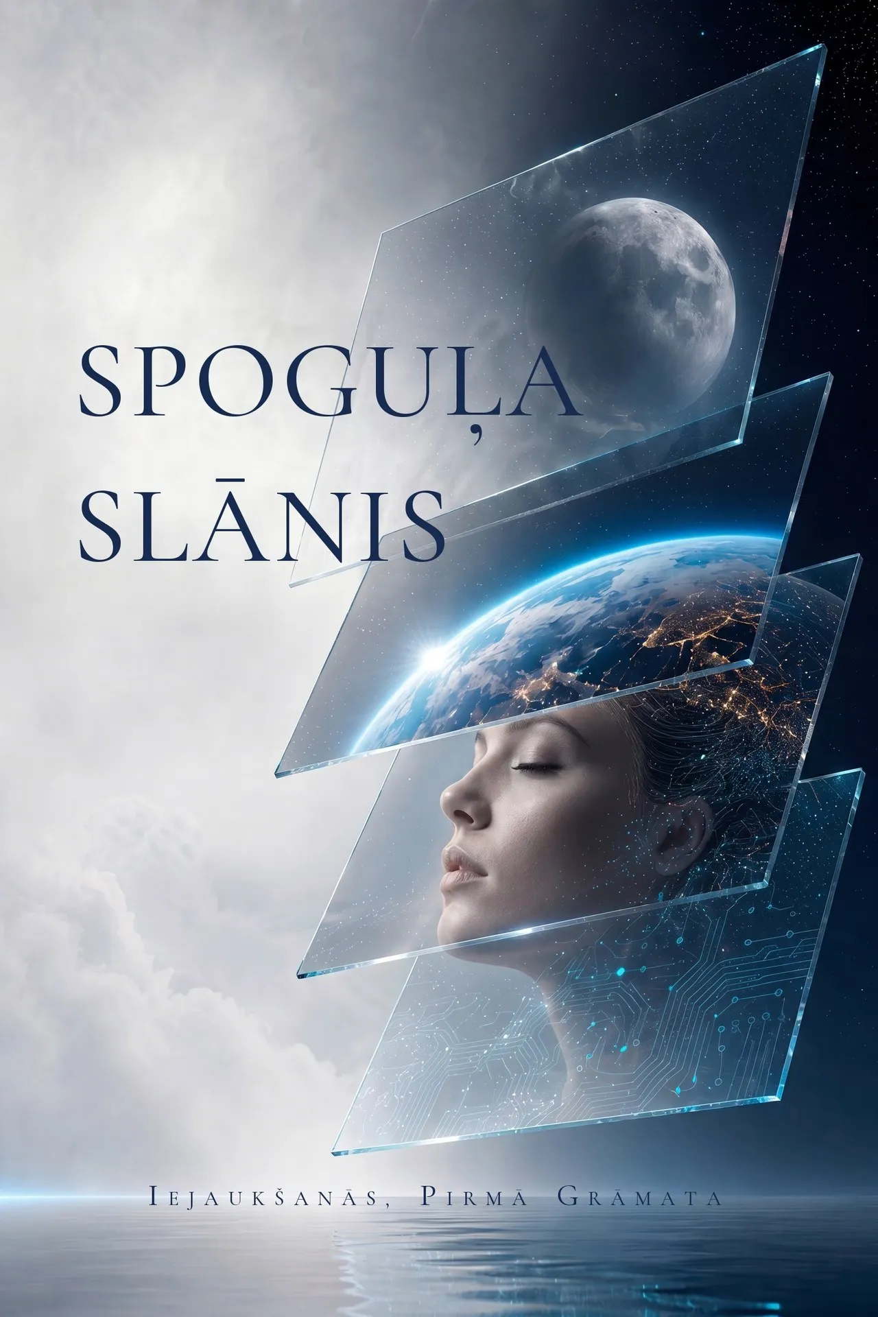 Grāmatas Spoguļa Slānis vāks — sakrautas stikla plāksnes ar Mēnesi, Zemi un aizmigušu seju virs nekustīga okeāna
