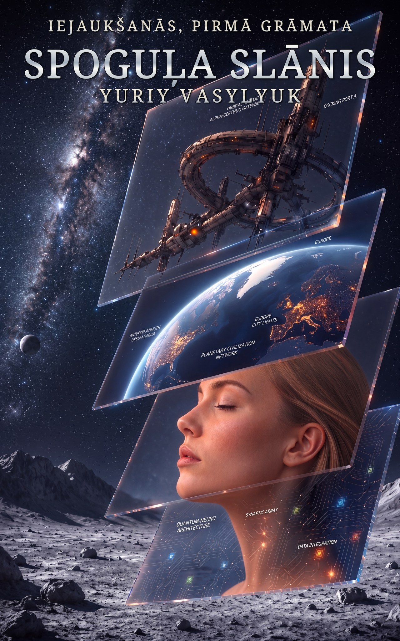 Spoguļa slānis book cover—a woman, Earth, the Moon, and an orbital station layered through glass in deep space.