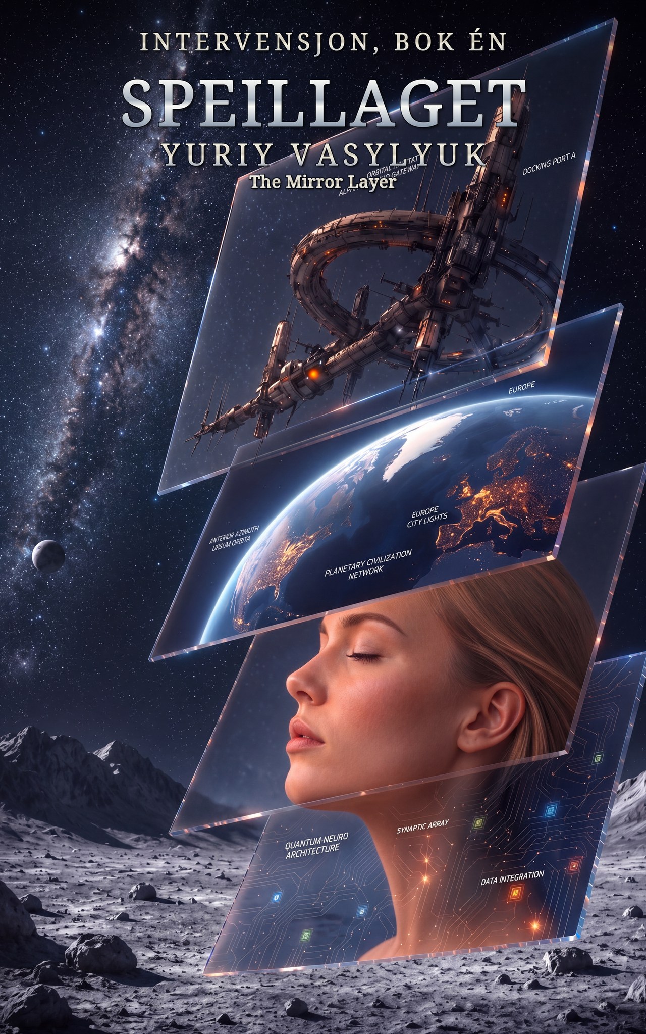 Speillaget book cover—a woman, Earth, the Moon, and an orbital station layered through glass in deep space.