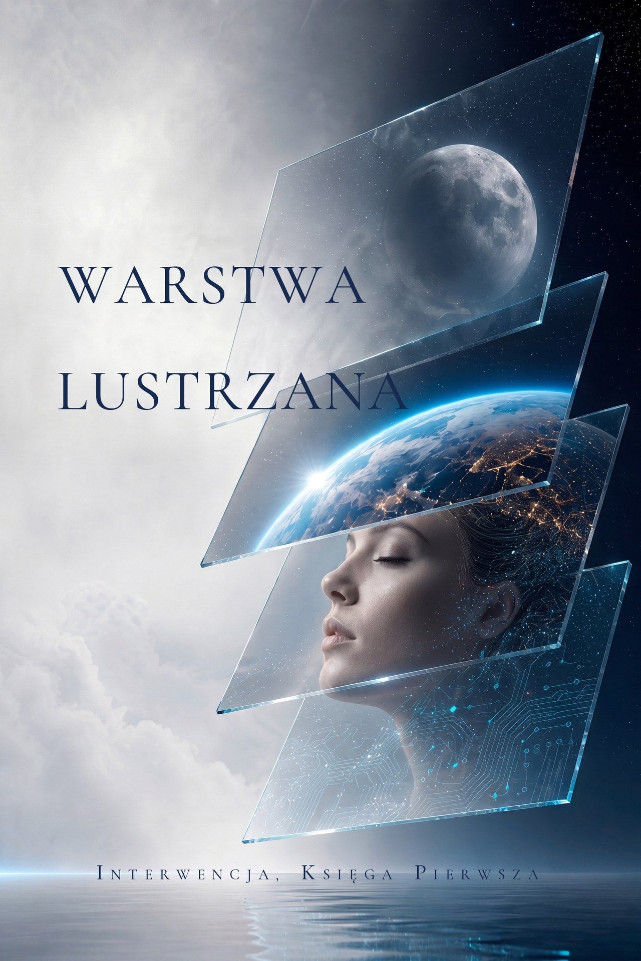 Okładka Warstwy Lustrzanej — nawarstwione tafle szkła z Księżycem, Ziemią i śpiącą twarzą nad nieruchomym oceanem