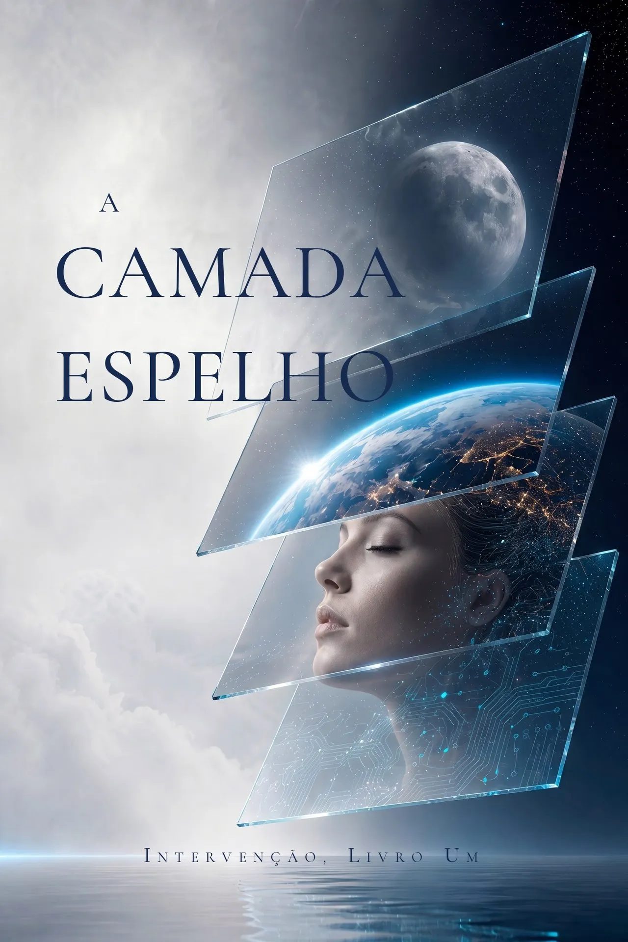 Capa de A Camada Espelho — painéis de vidro sobrepostos com a Lua, a Terra e um rosto adormecido, sobre um oceano imóvel