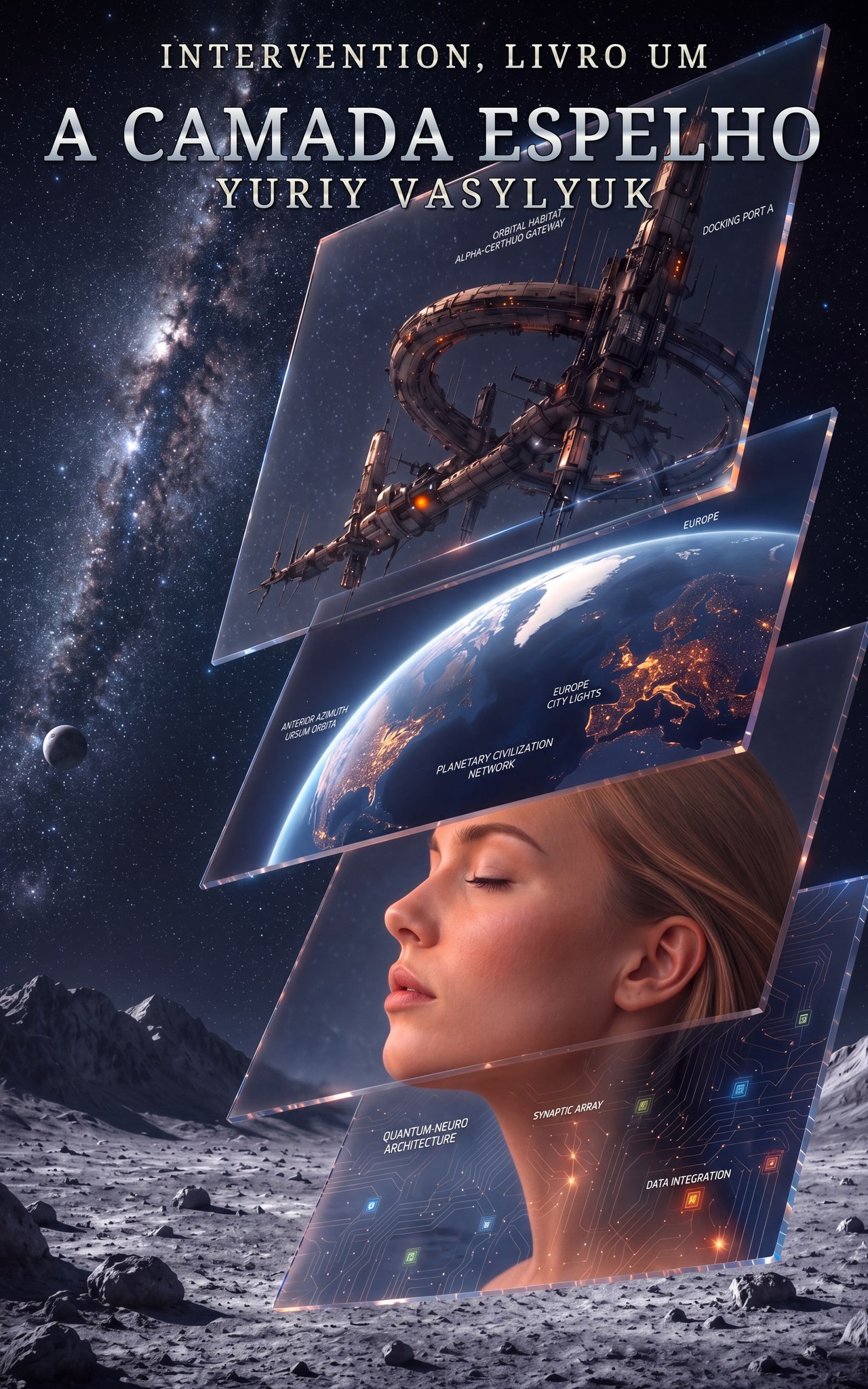 A Camada Espelho book cover—a woman, Earth, the Moon, and an orbital station layered through glass in deep space.