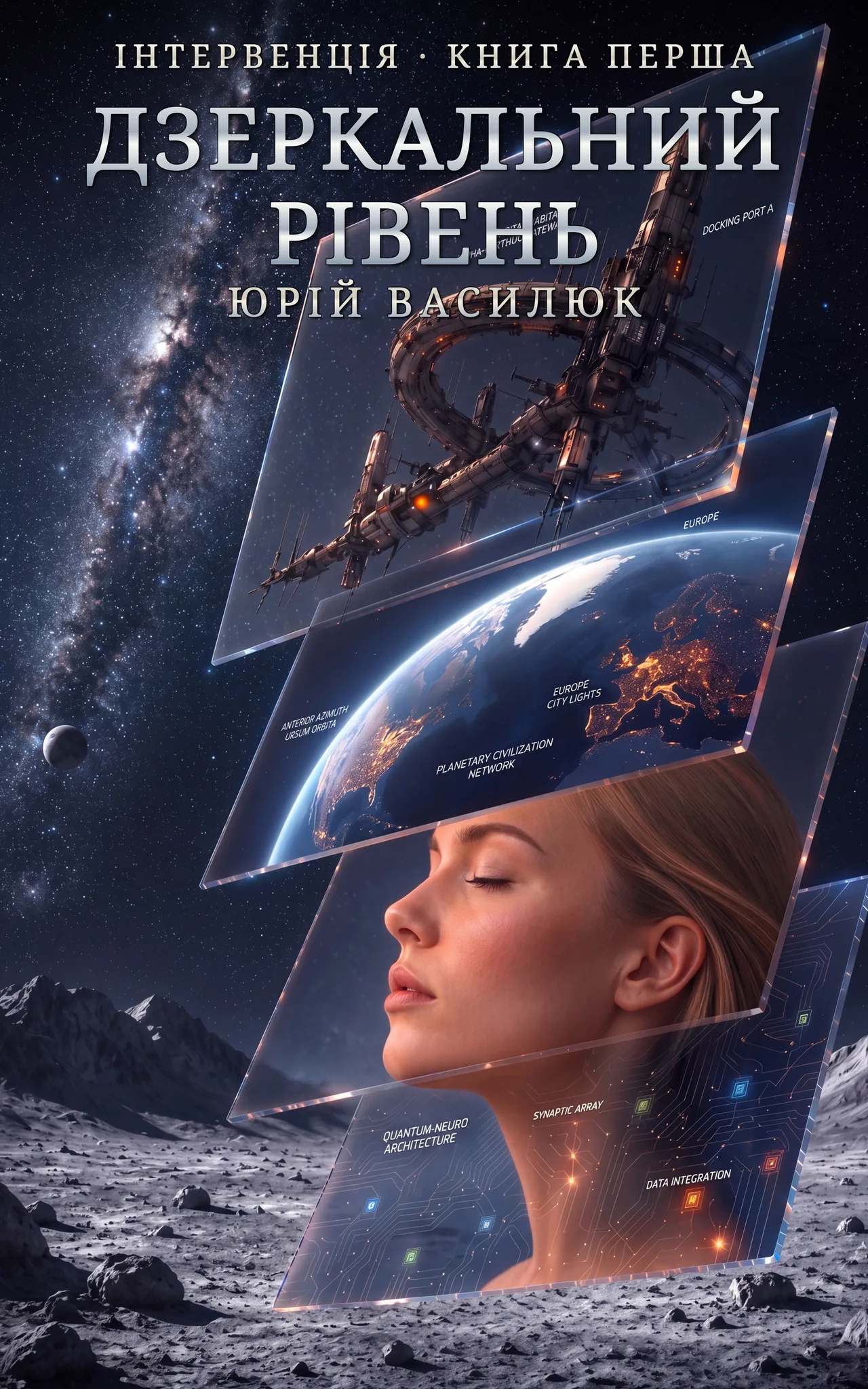 Дзеркальний рівень book cover—a woman, Earth, the Moon, and an orbital station layered through glass in deep space.